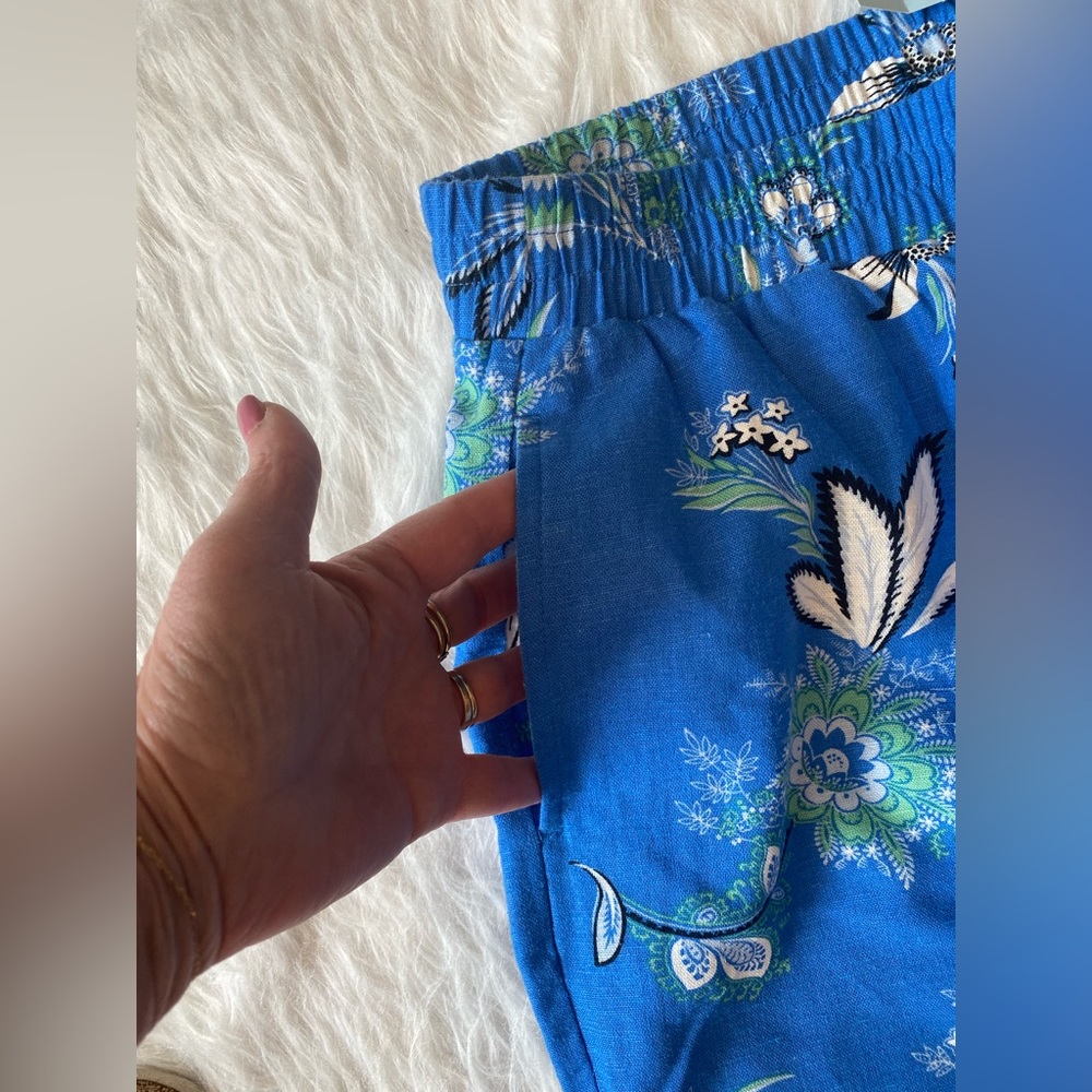 Ann Taylor linen wide leg pants pockets blue tropical print NWT XS Petite - Picture 3 of 5